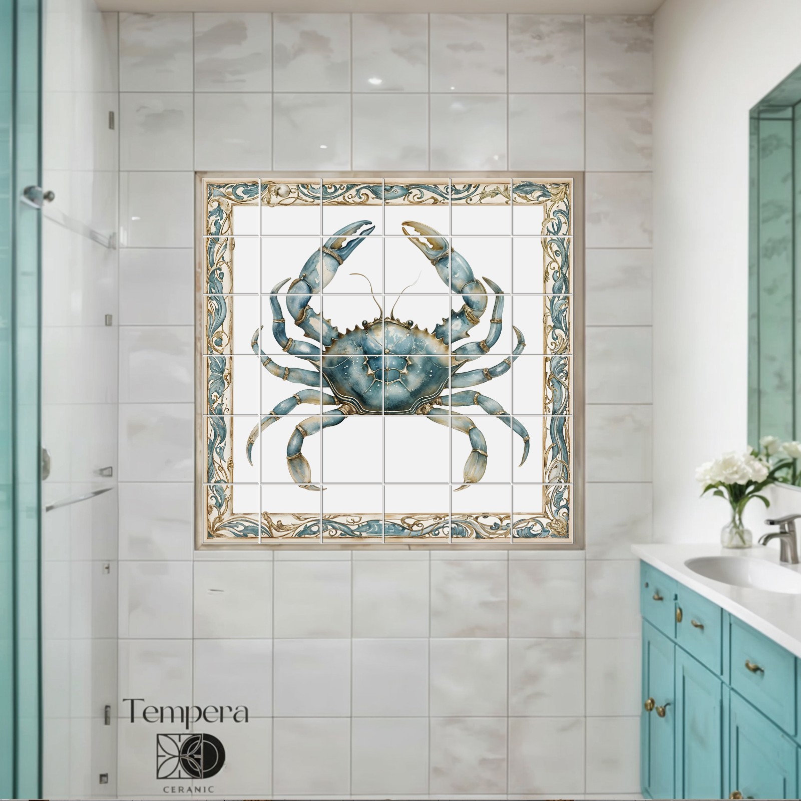 Coastal Crab Tile Mural for Bathroom or Kitchen Backsplash Decor, Crab tiles art