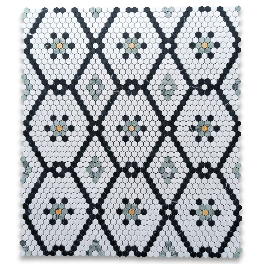 T31F6XH Thassos White Marble Hexagon Snowflake Mosaic Tile Black Green Gold