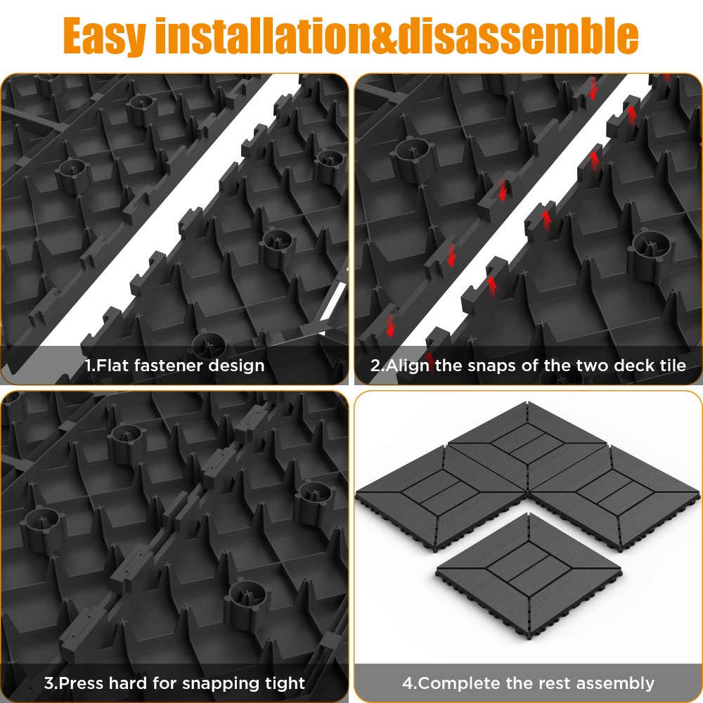 12 Inch Interlocking Deck Tiles Dark Gray Polypropylene DIY Floor Tiles