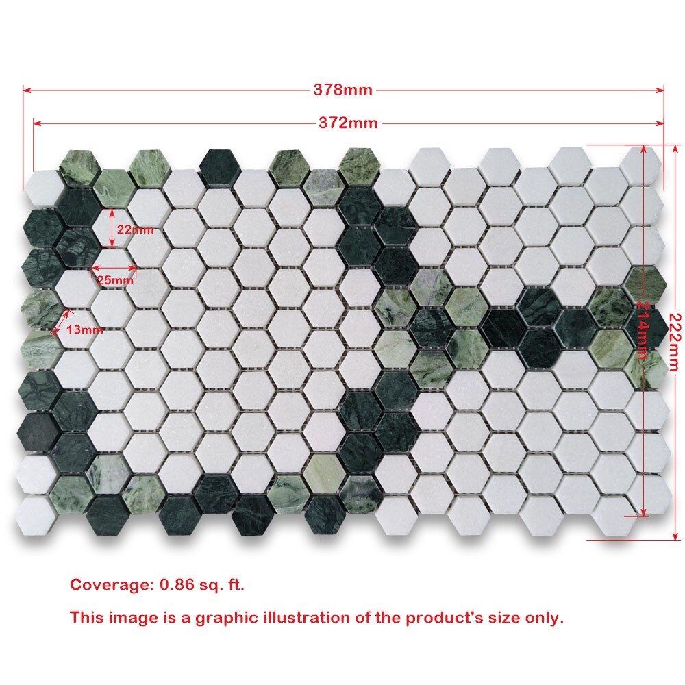 T31F92XH Thassos White Marble Pinnacle Hexagon?Green Garland Mosaic Tile Honed
