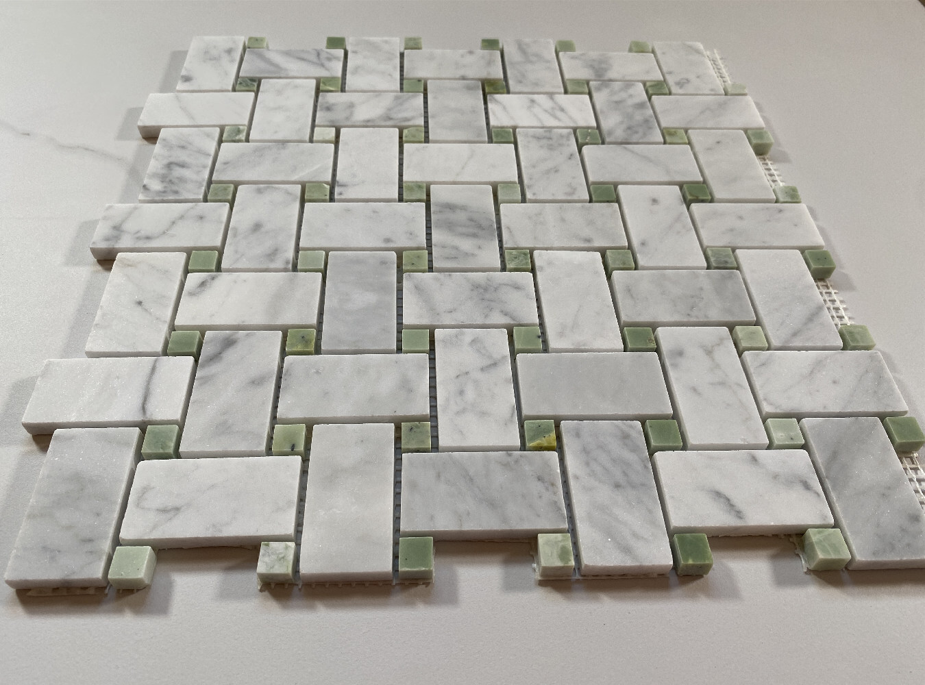 C652XH White Carrara Marble 1×2 Basketweave Mosaic Tile Green Dots Honed
