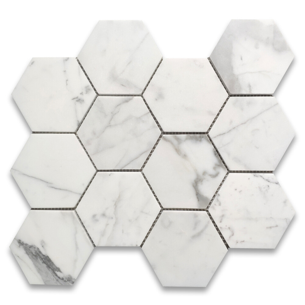 L34XH Statuary White Statuario Italian Marble 4″ Hexagon Mosaic Tile Honed