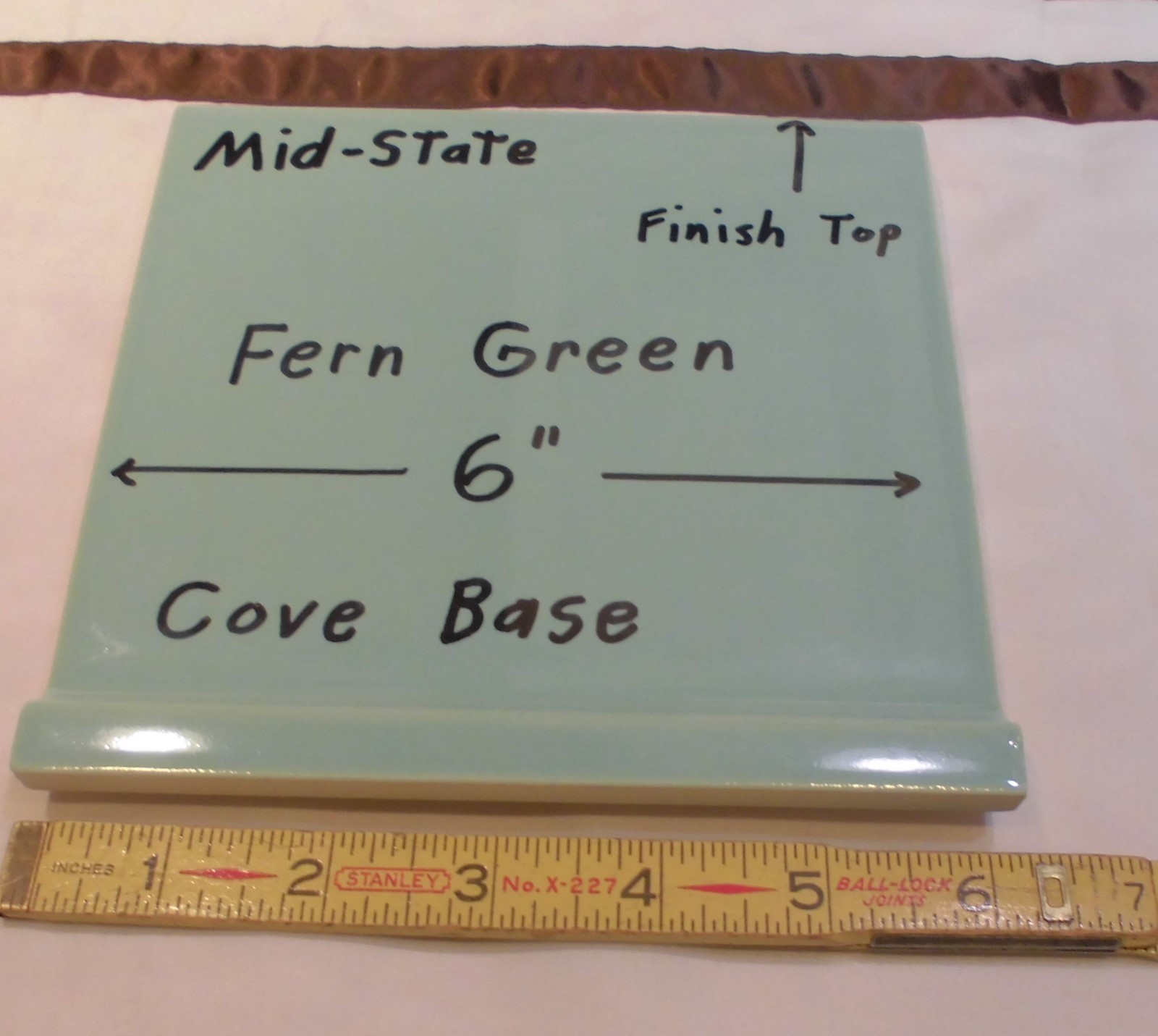 1 pc. Vintage Glossy *Fern Green* 6” X 6” Ceramic Cove Base Tile by MID-STATE