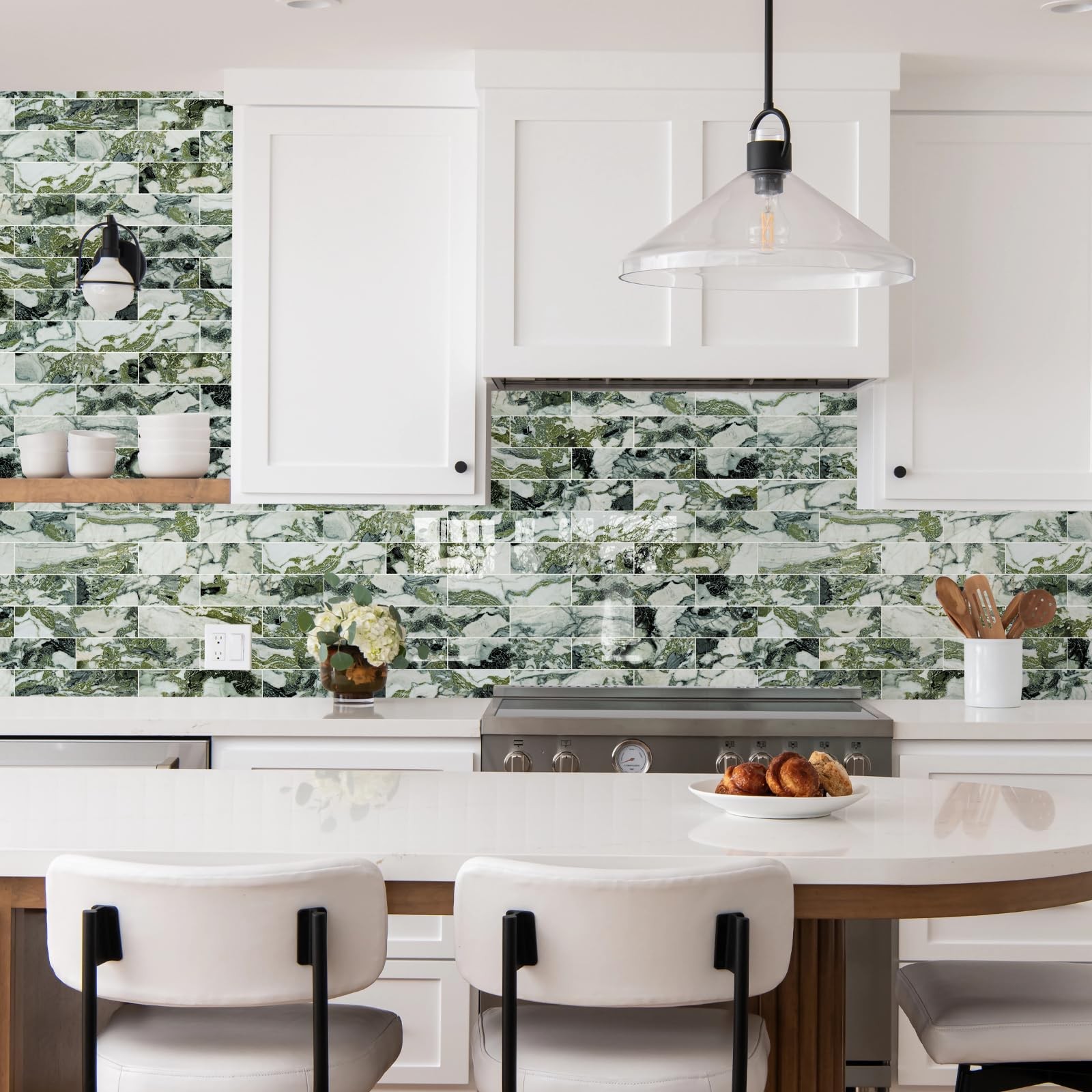 40-Piece Glossy Ice Green Marble Peel and Stick Backsplash Tiles with White G…