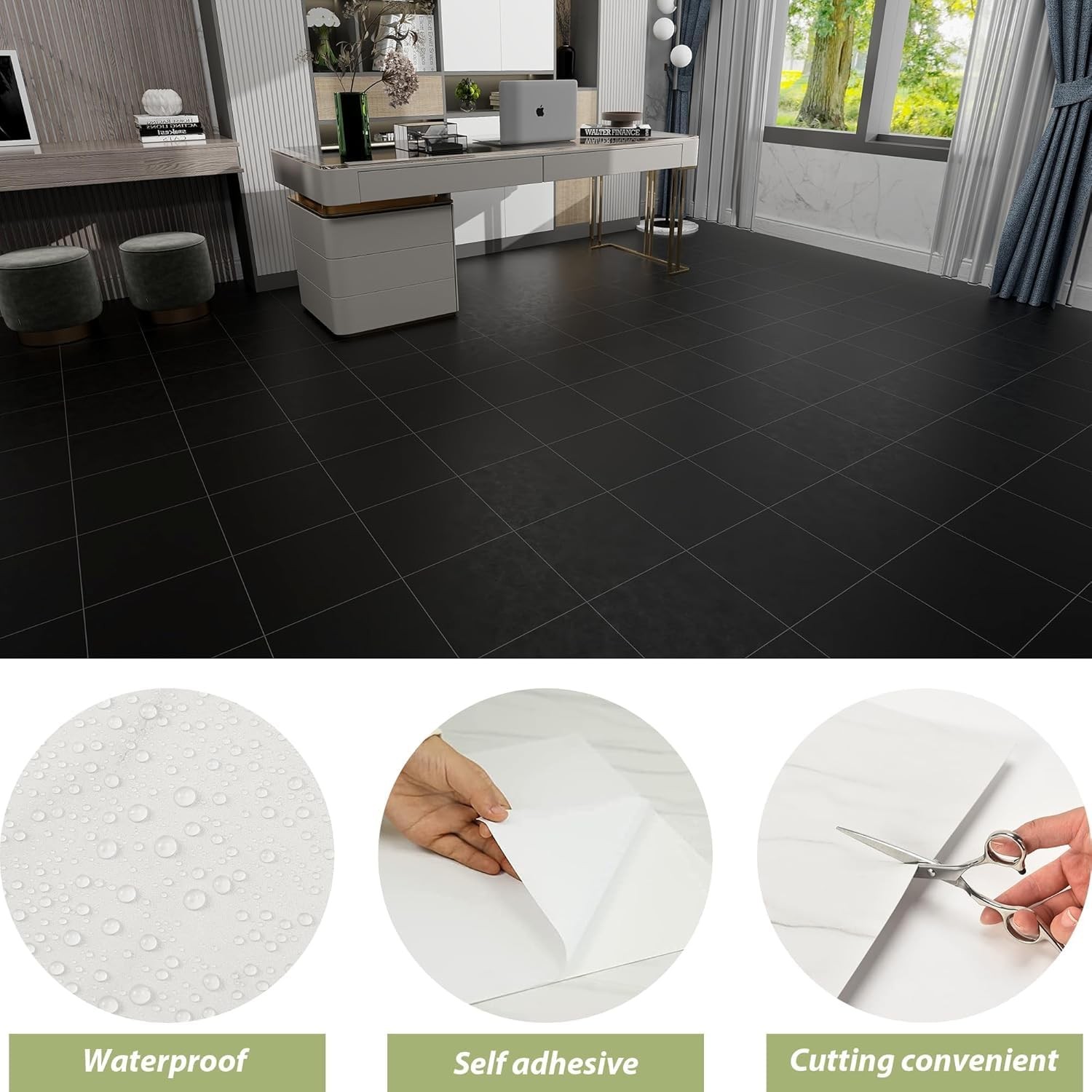 Black Marble Peel and Stick Vinyl Floor Tiles,20 Tiles – 12″ x 12″,Waterfproo…