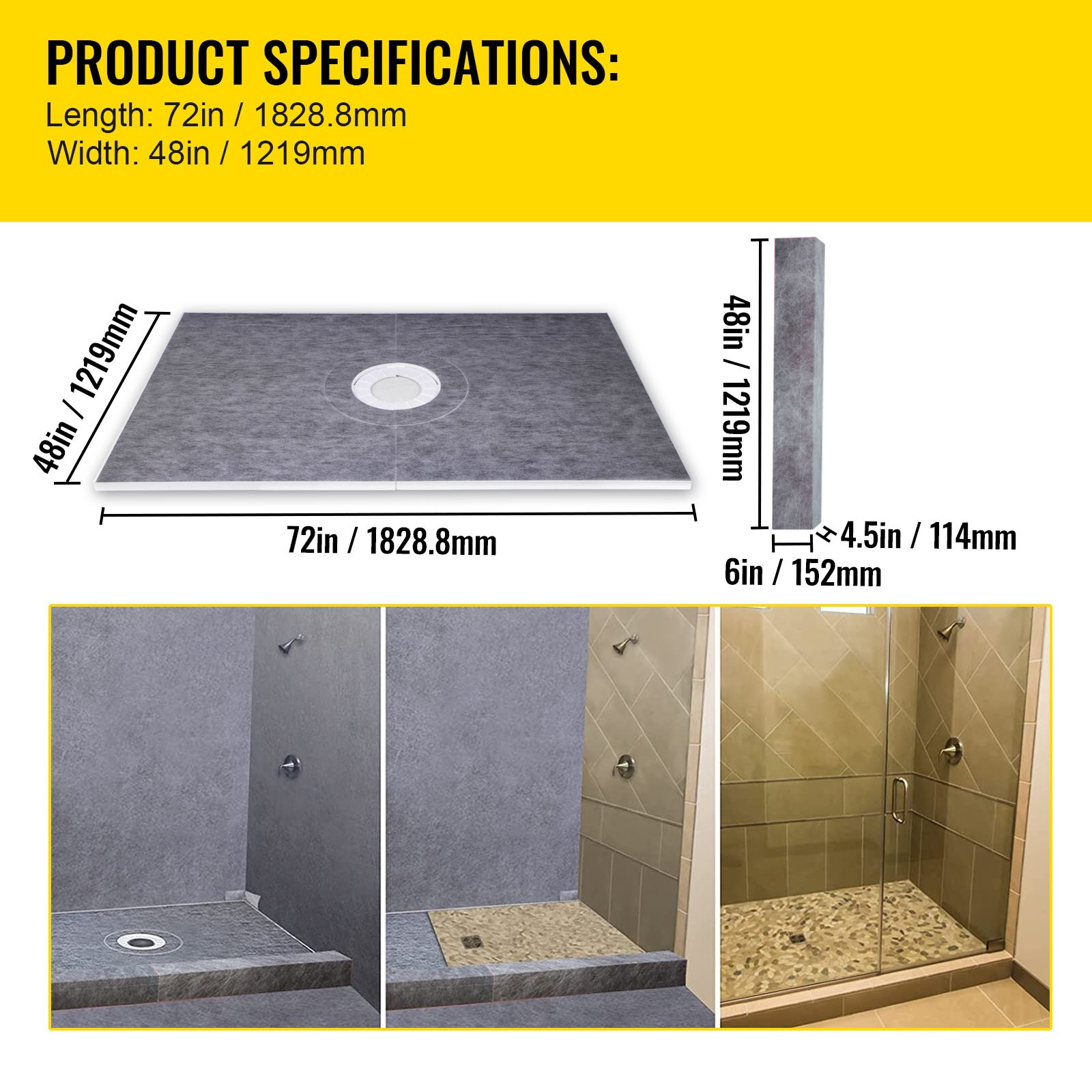 VEVOR Waterproofing Shower Curb Kit Shower Kit Tray 48×72” w/ Central Drain ABS