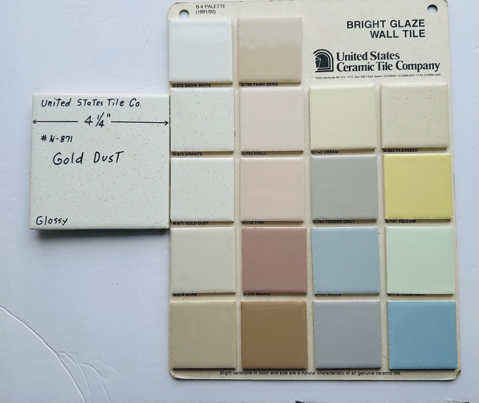 1 pc. Gold Dust: 4-1/4″ Gloss White Speckled Gold Ceramic United States Tile Co.