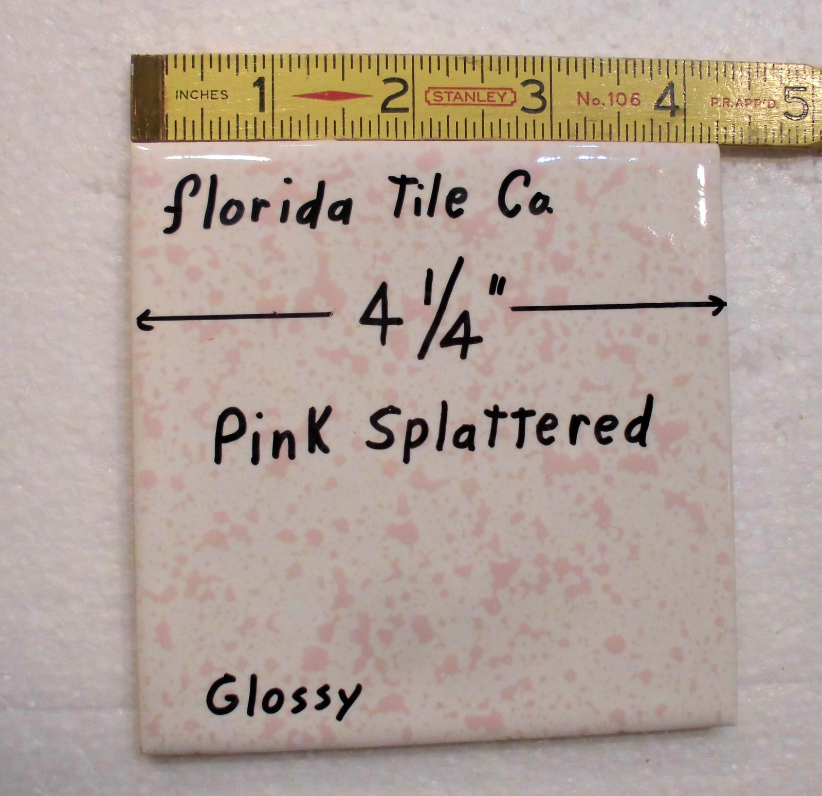 1 pc. “Pink Splattered” 4-1/4″ Glossy Ceramic Tile: Florida Co. Pink on White