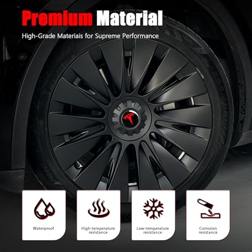 4 PCS Wheel Center Hub Cap Sticker for Model 3 / Model Y, Glossy Black & Red
