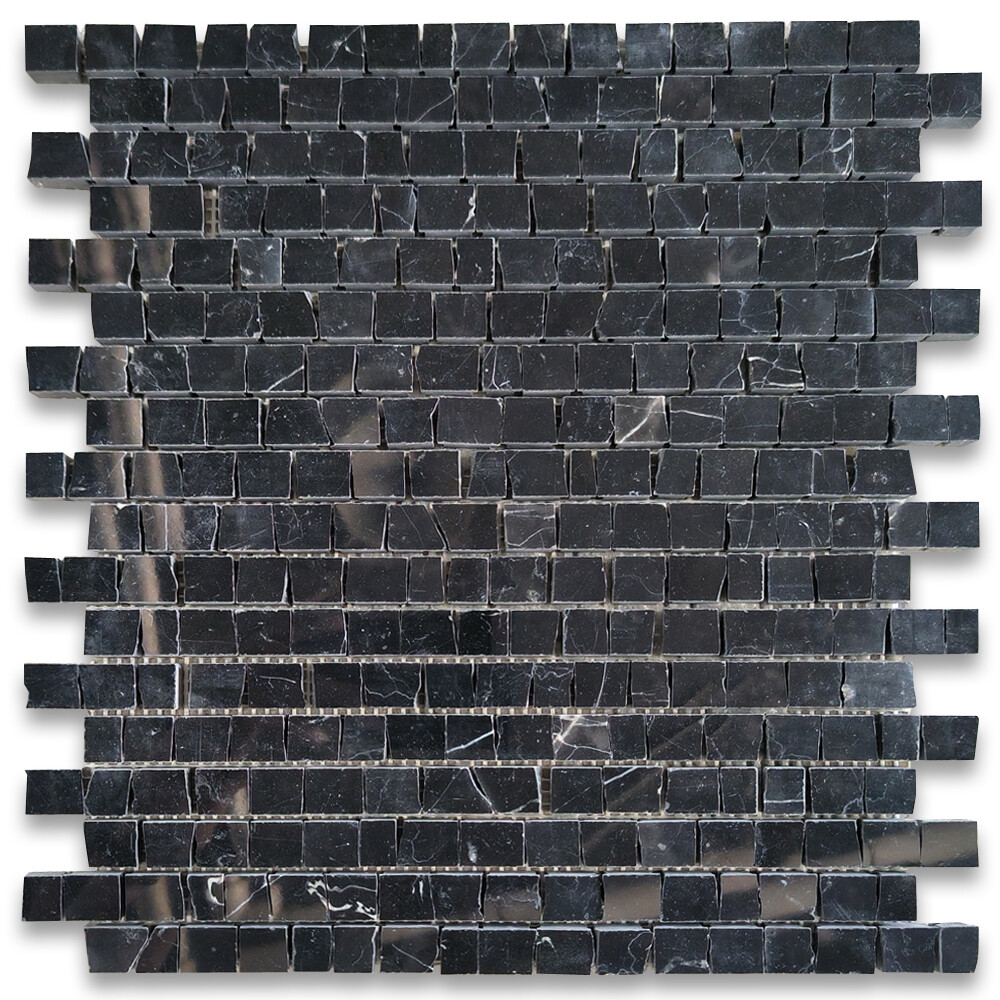 N29P Nero Marquina Black Marble Hand Clipped Random Broken Mosaic Tile