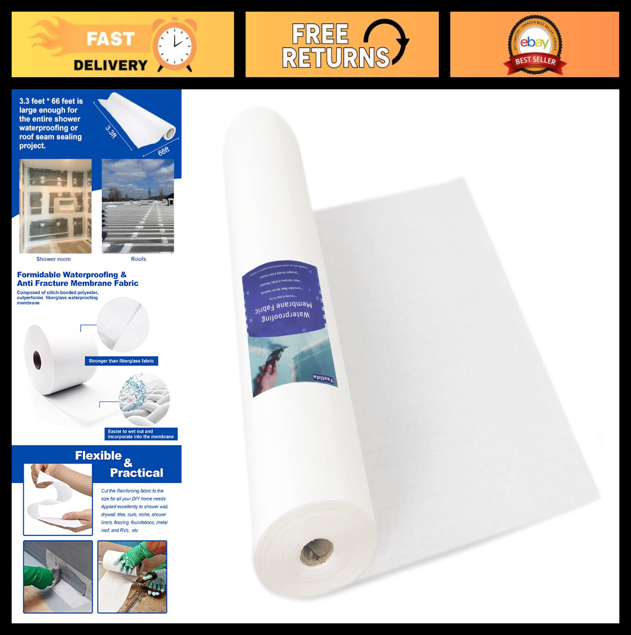 Waterproof Membrane Fabric 3.3×66 Ft, Anti-Fracture Geo Textile Mesh Tape for Sh