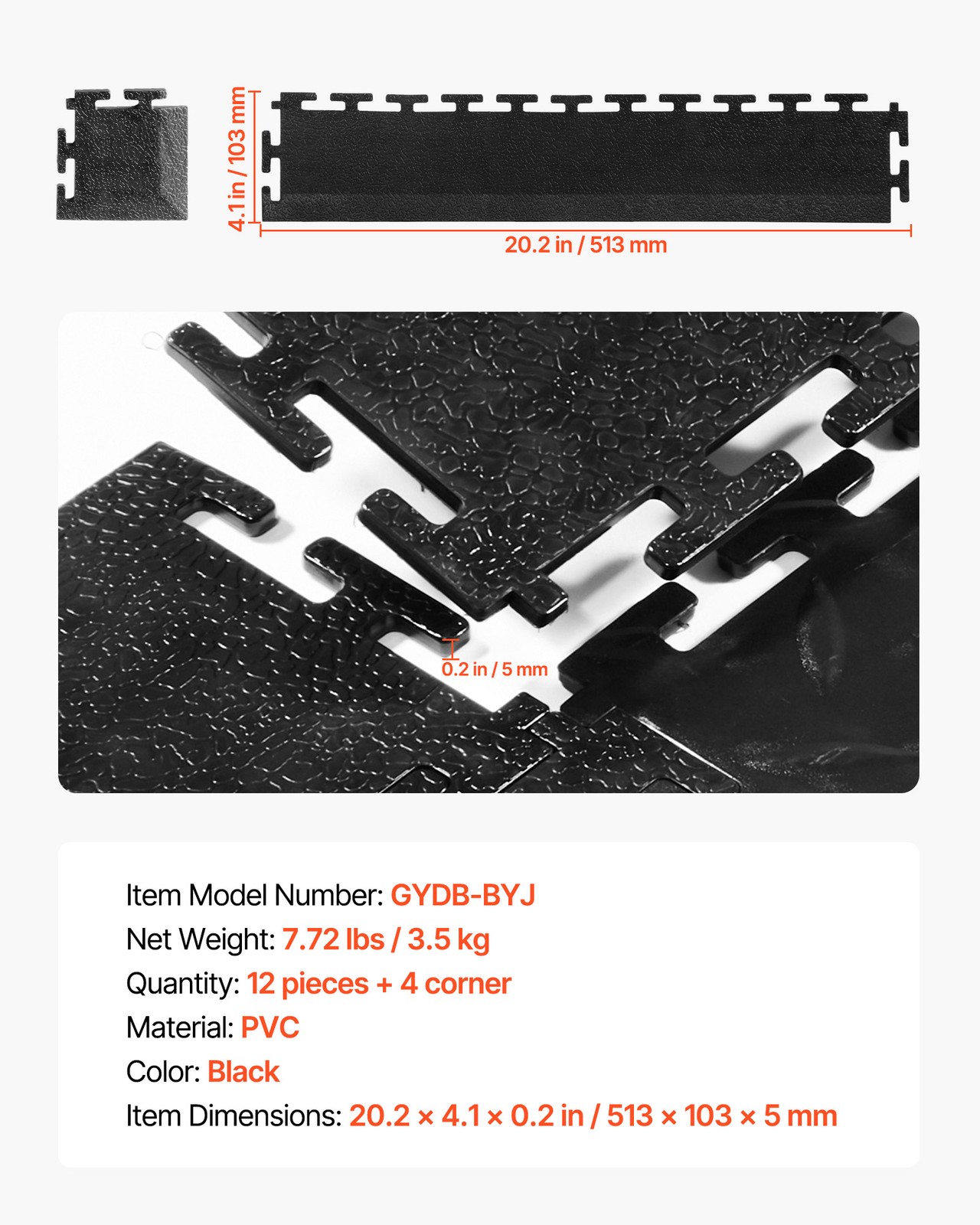VEVOR Male Garage Floor Edge Kit 12 Edges 4 Corners PVC Interlocking Black