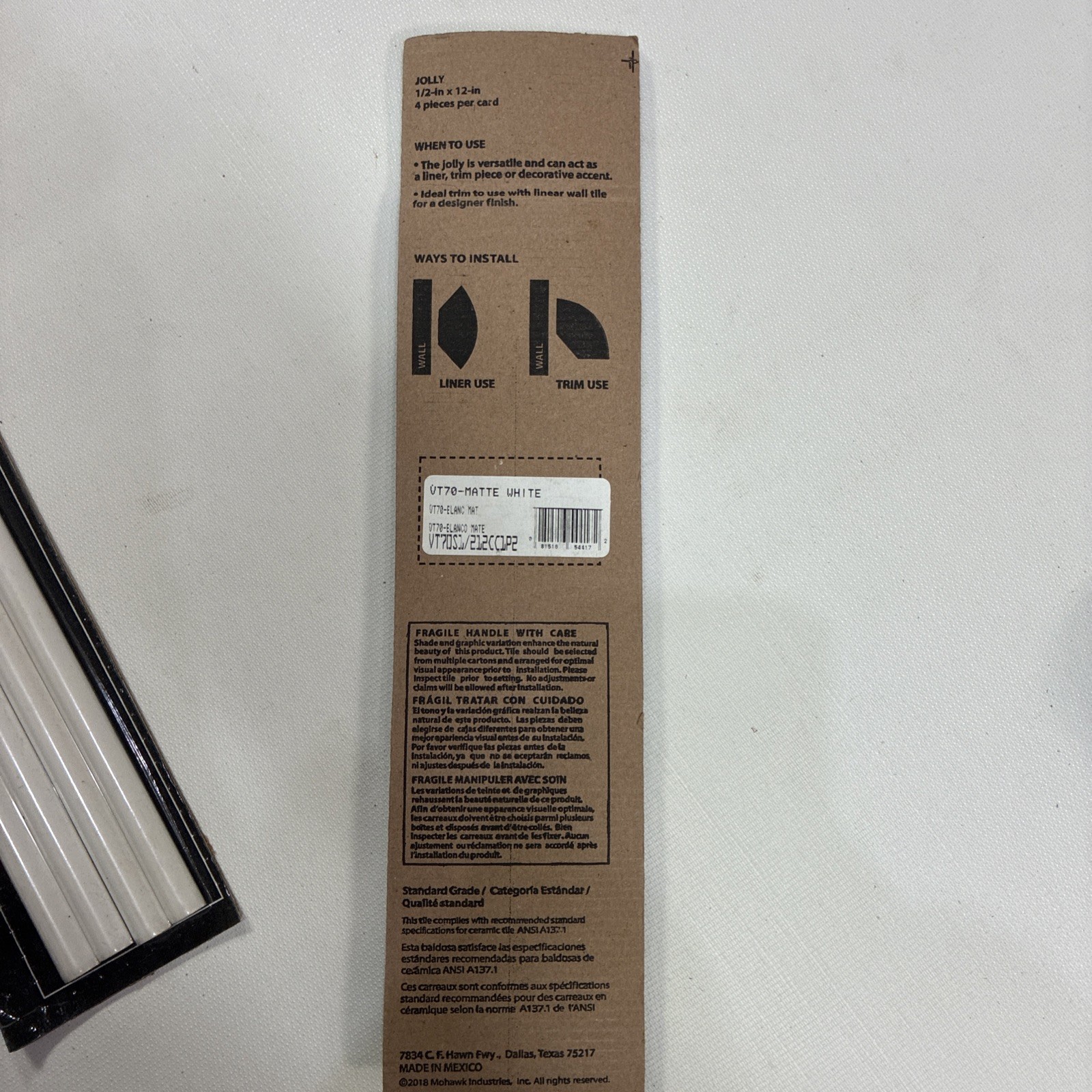 Mohawk Matte White 1/2 In. X 12 In Jolly. Ceramic Wall Jolly Trim Tile NEW