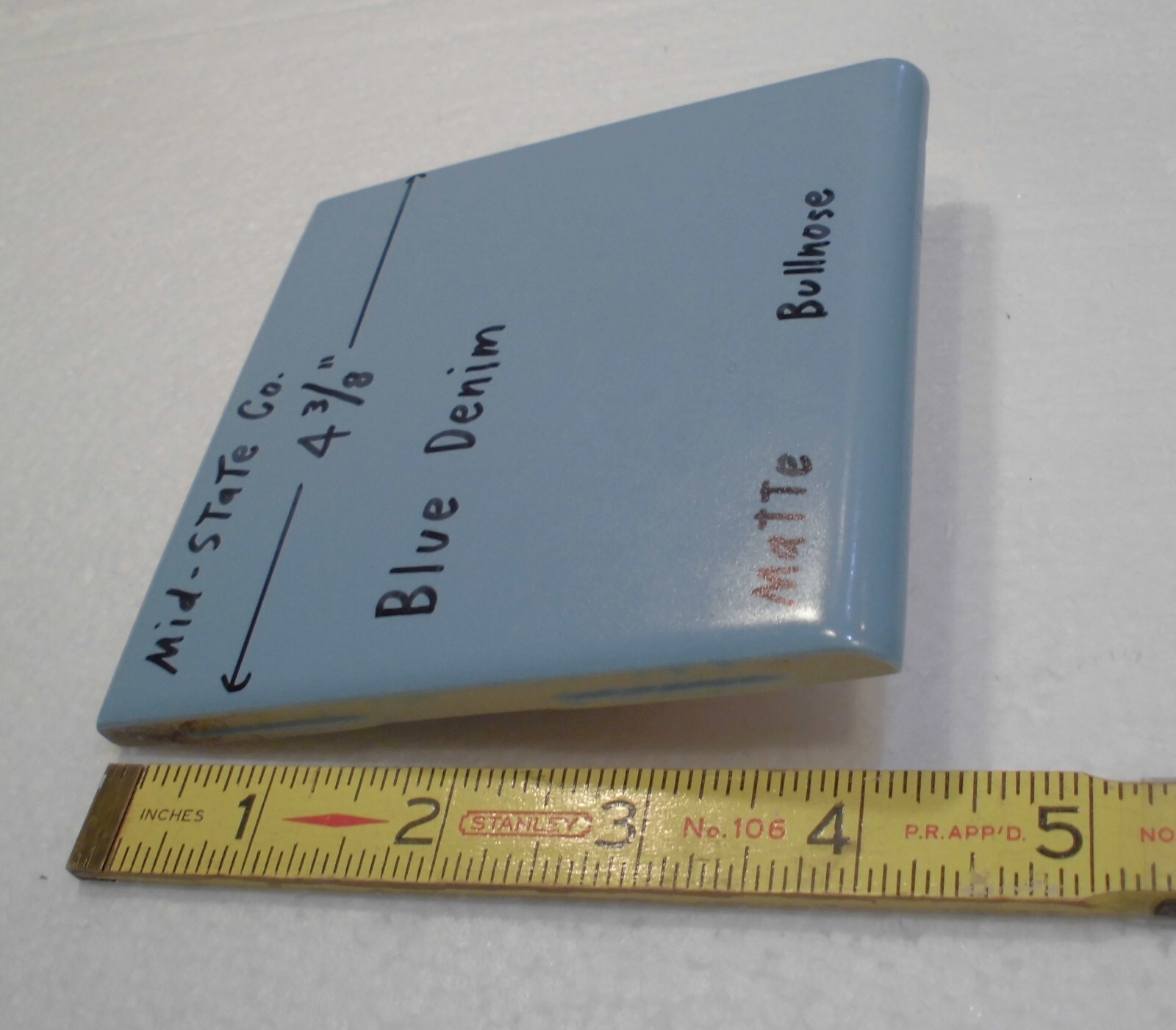 1 pc. Blue Denim: Matte Ceramic Bullnose Tile 4-3/8″ by Mid-State Co. NOS