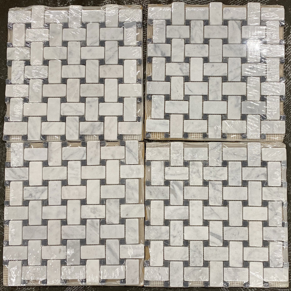 C651XT NonSlip Carrara Venato Marble Basketweave Mosaic Tile Black Dot Tumble