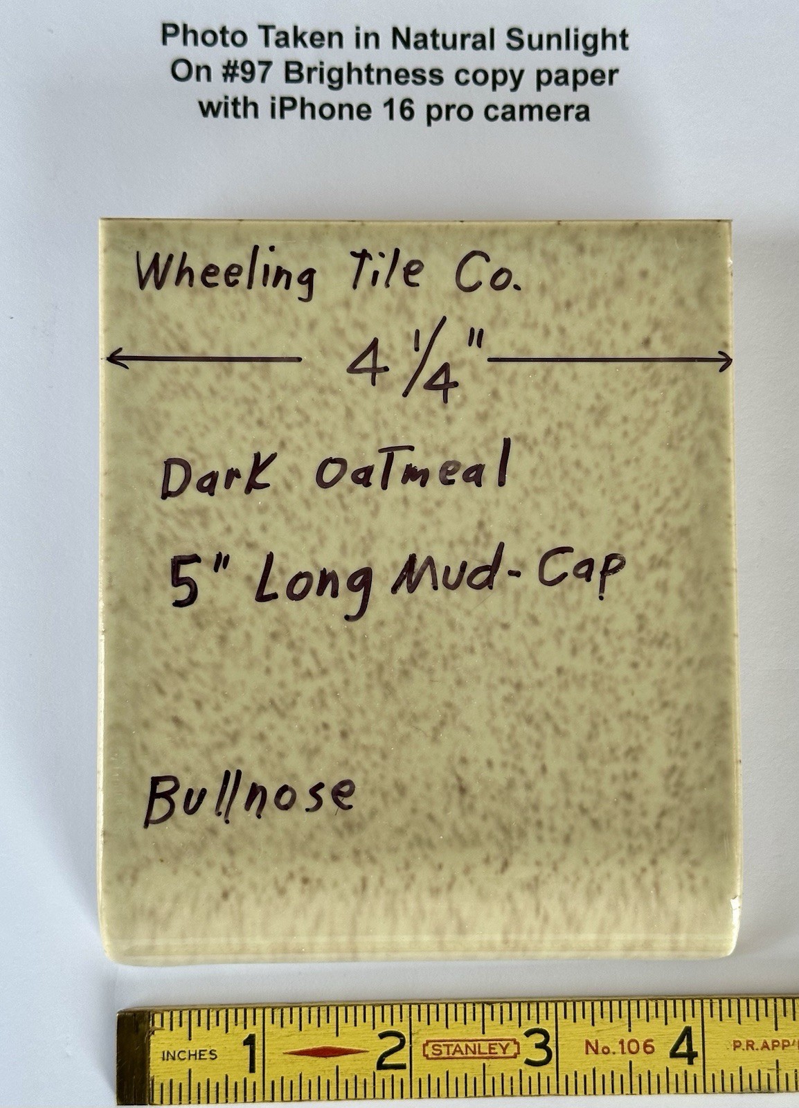 1 pc. Radius Long Bullnose: 4-1/4″ X 5″ Oatmeal Glossy Ceramic Tile, Wheeling Co