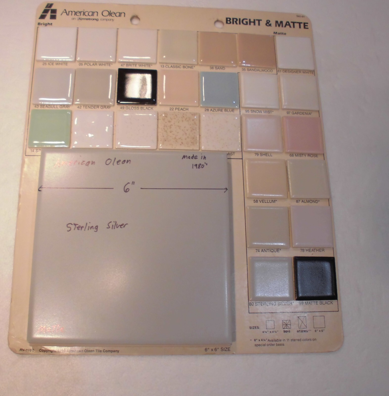 1 pc. 6″ X 6″ Matte Ceramic Tiles *Sterling Silver Gray* American Olean, NEW
