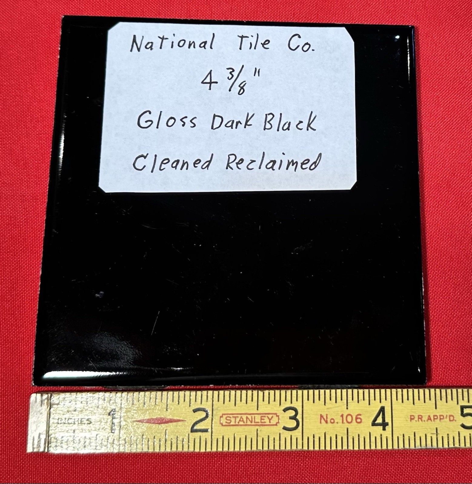 1 pc. Gloss Black: Reclaimed Ceramic Tile 4-3/8″ National Tile Co. Cleaned