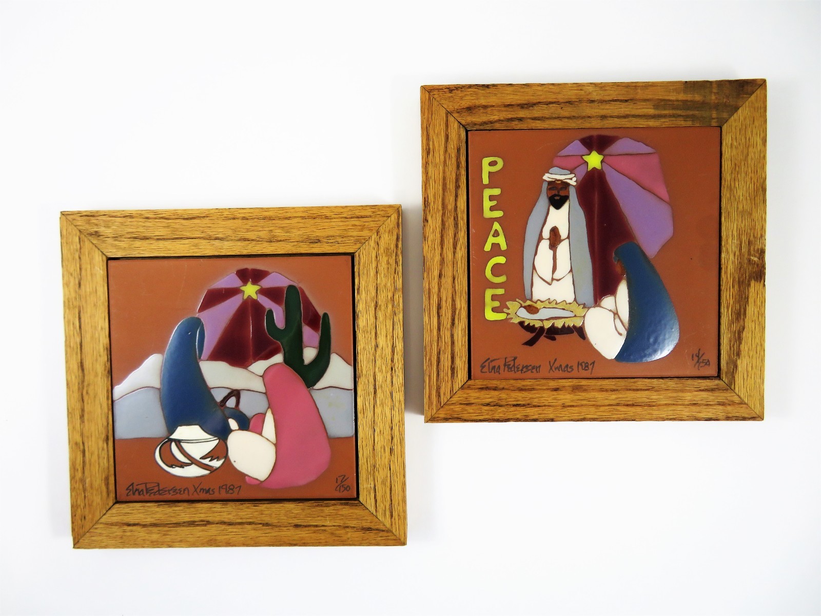Pair Southwest Christmas Holy Family Oak Framed Clay Tile Wall Hangings Signed