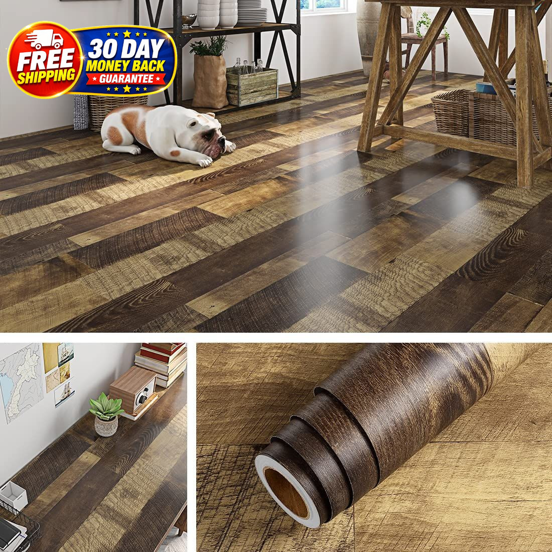 Reclaimed Wood Vinyl Flooring Roll 15.8×78.8 Inch, Plank