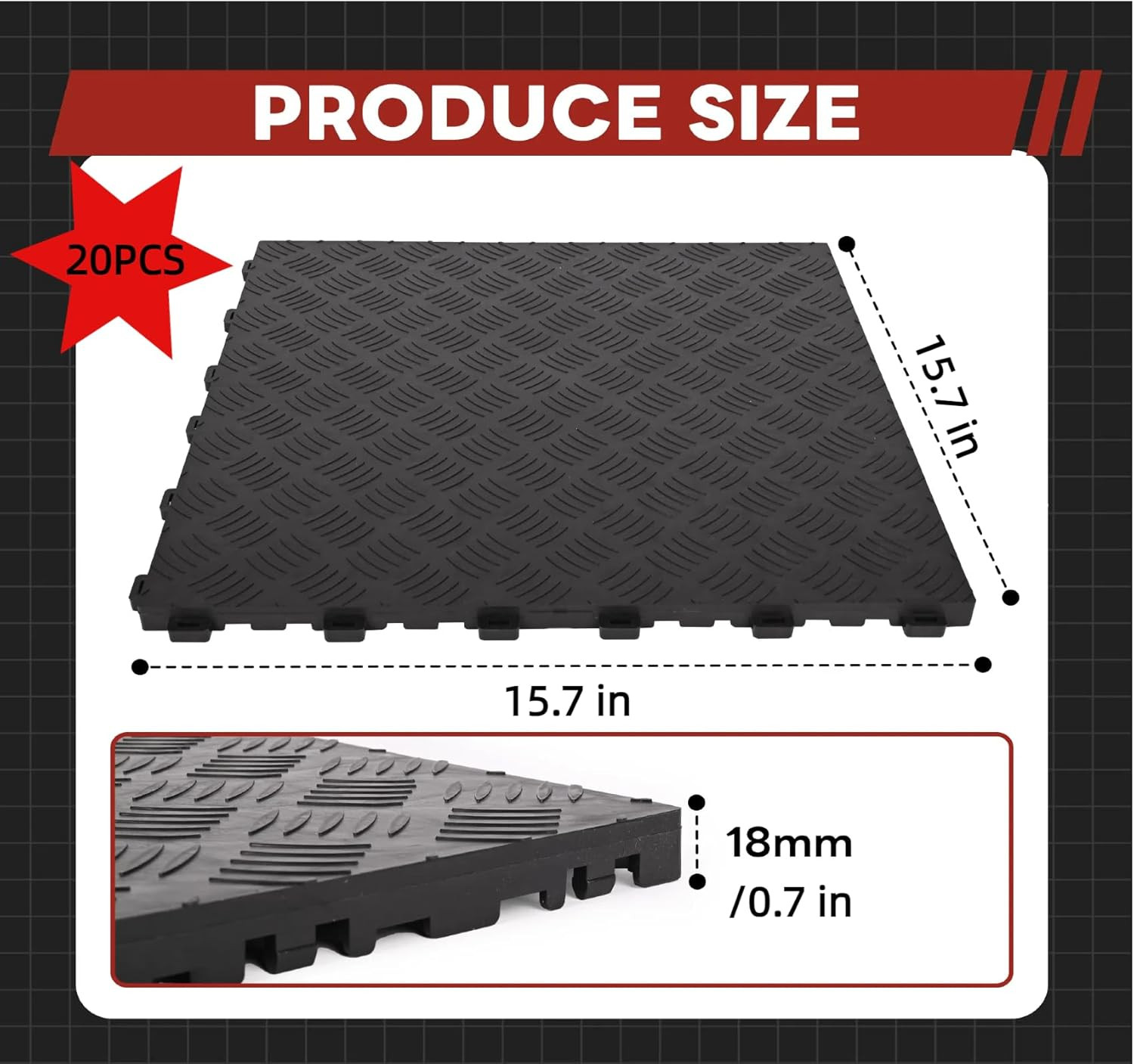 20 PCS PVC Garage Floor Tiles 15.7″X15.7″ Square Interlocking Rubber Flooring No