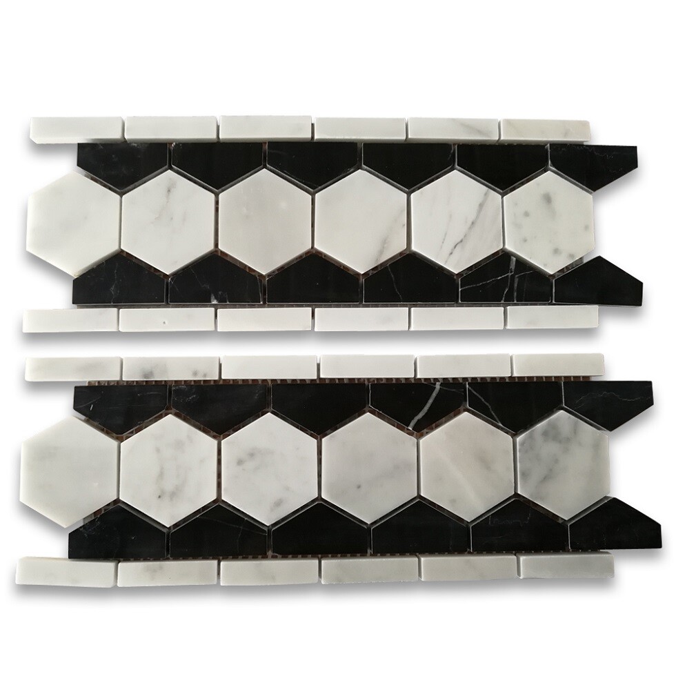 C32B2XP Carrara Marble 2″ Hexagon Mosaic Border Listello White Black Polished