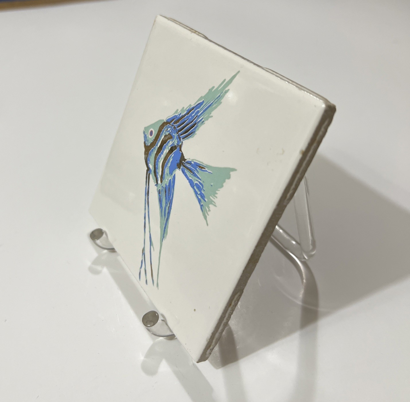Fish Tile Decorative Angel Fish Blue & Gold With Acrylic Stand 4.25X4.25”