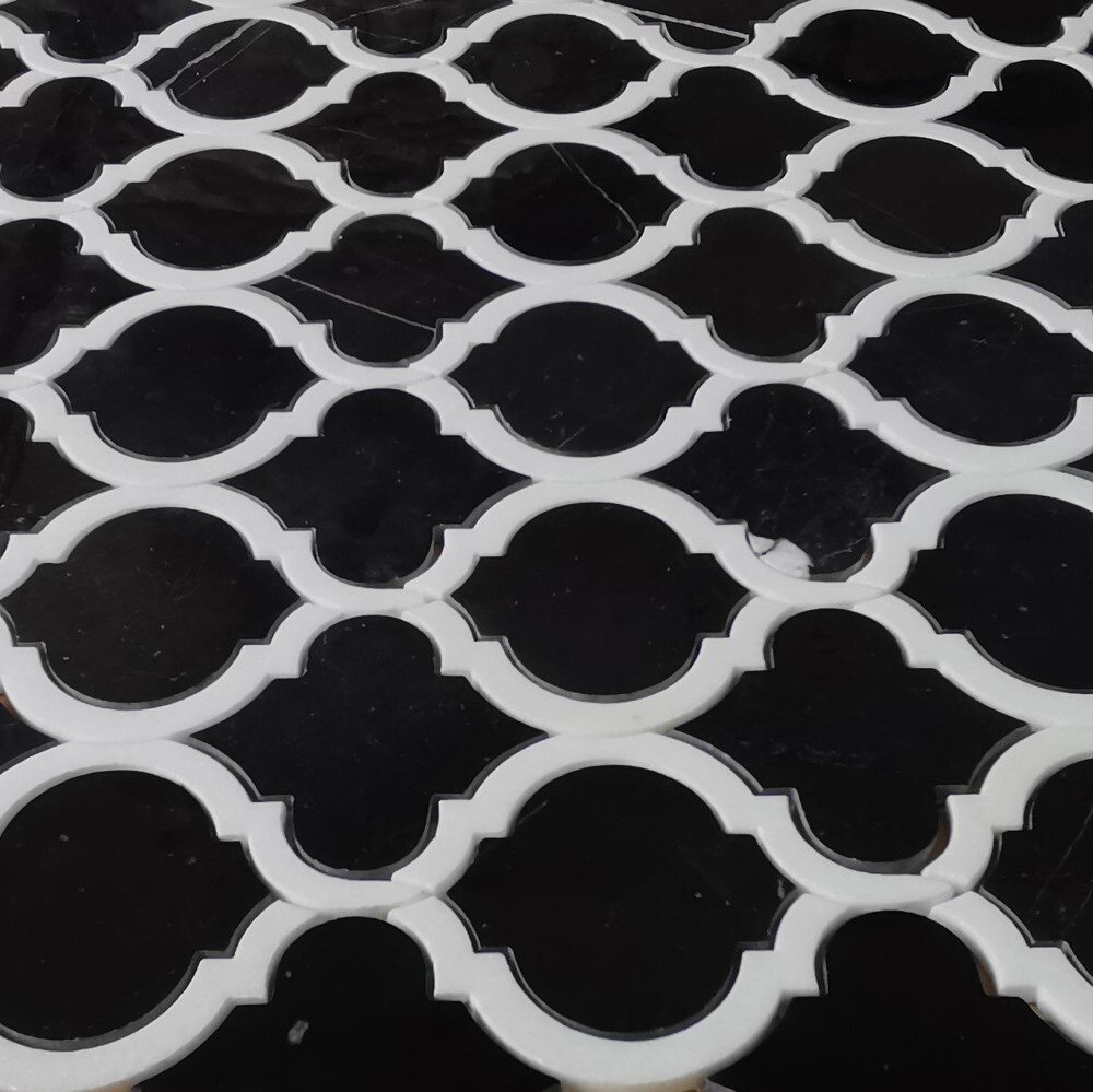 N89AXH Nero Marquina Black Marble Waterjet Arabesque Lantern Tile White Honed