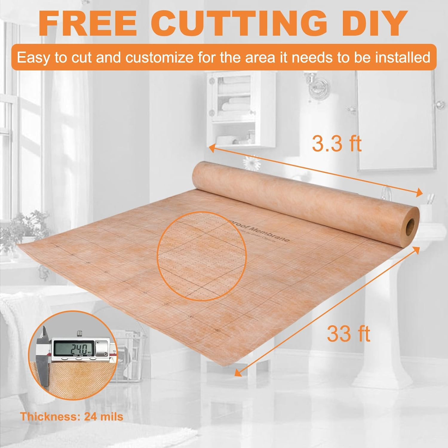 108 Sq Ft Waterproof Membrane with Pre-Marked Grid Design, 3.3 FT X 33 FT Roll,