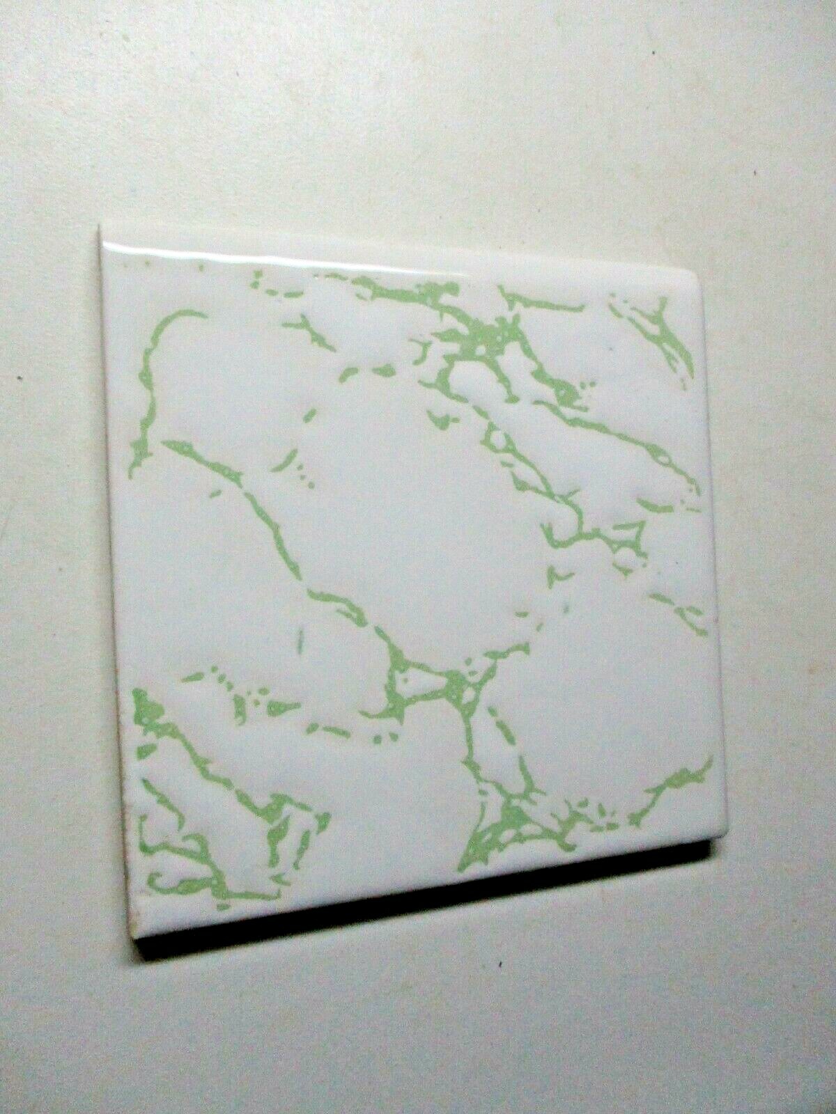 1 Bullnose Wall Tile Johnson England 4-1/4″ Gloss Green Veins Off White Ceramic