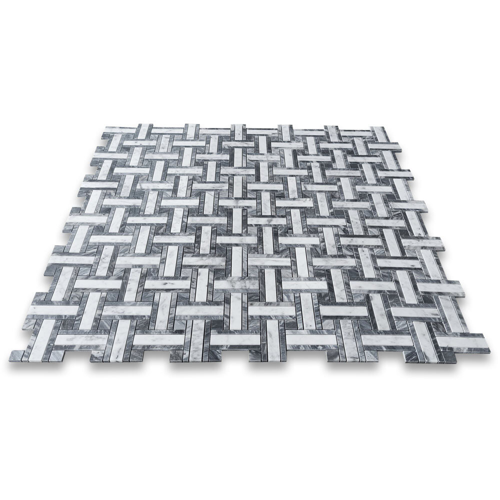 C66A7XP Carrara White Marble Twine Basketweave Mosaic Tile Bardiglio Gray