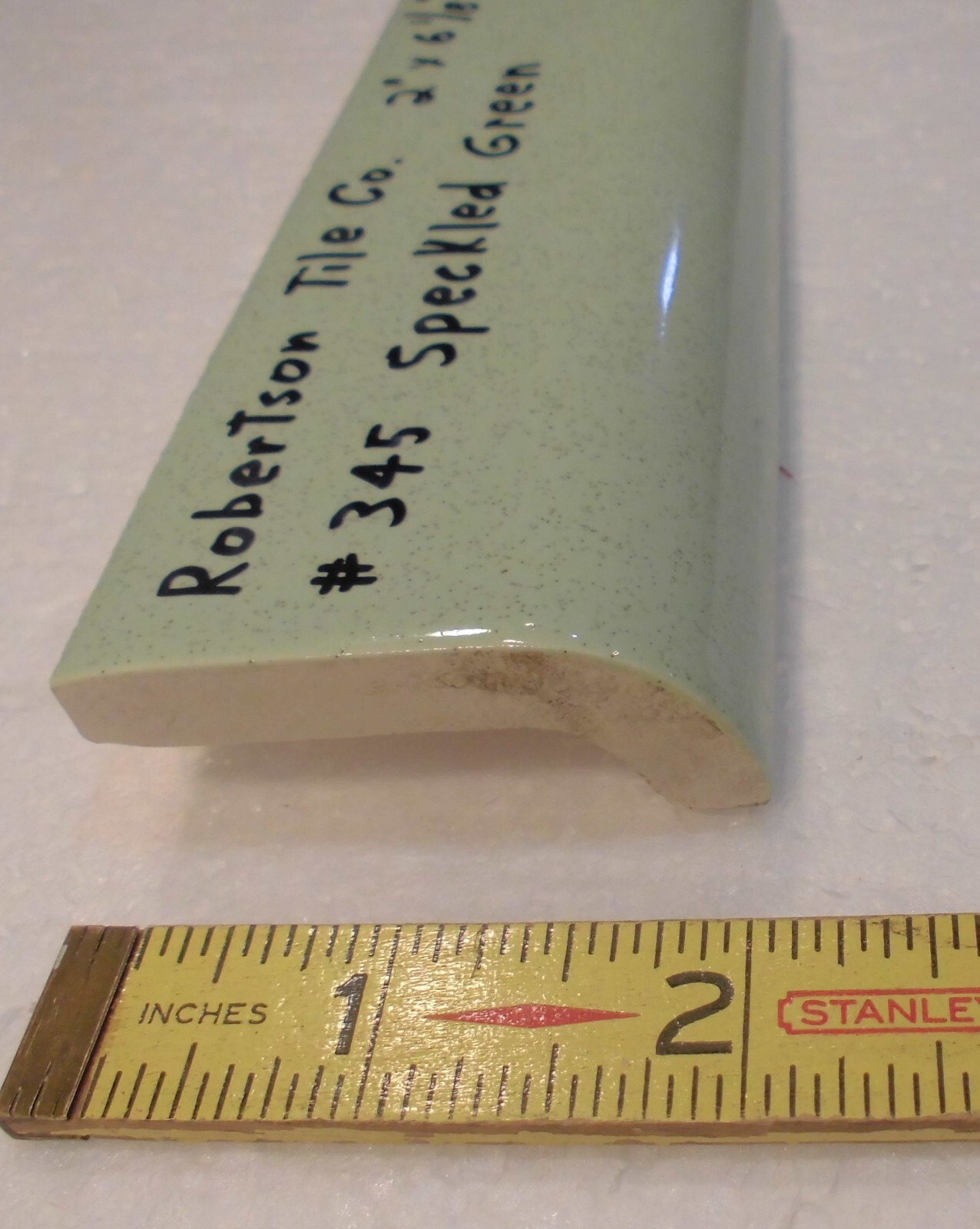 1 pc. Speckled Green: Ceramic Tile; 2″ X 6-1/8″ Radius Bullnose by Robertson Co.