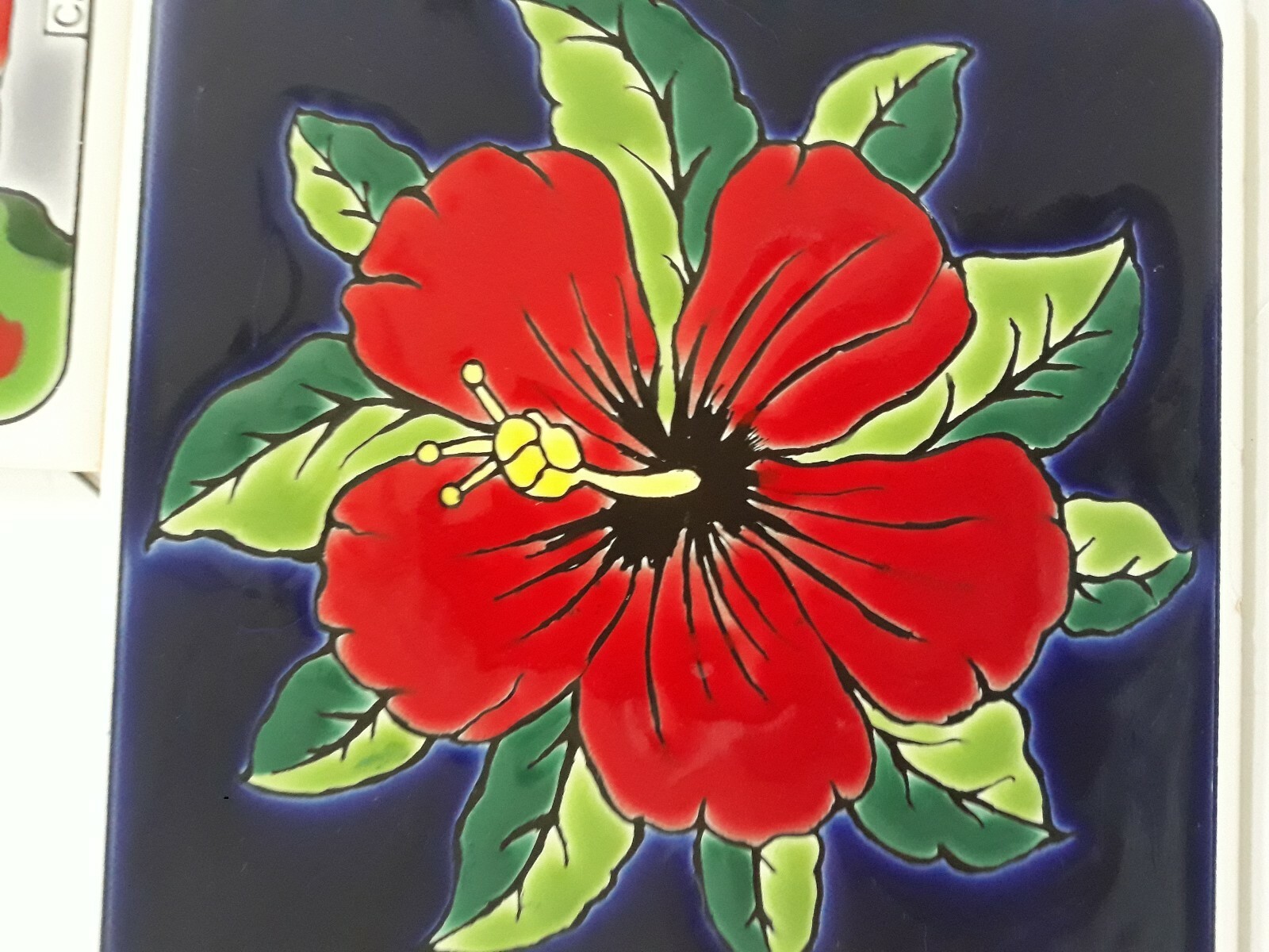 Lot of 3 Art Decorative Ceramic tiles Hibiscus, chili peppers & Carmel Mission
