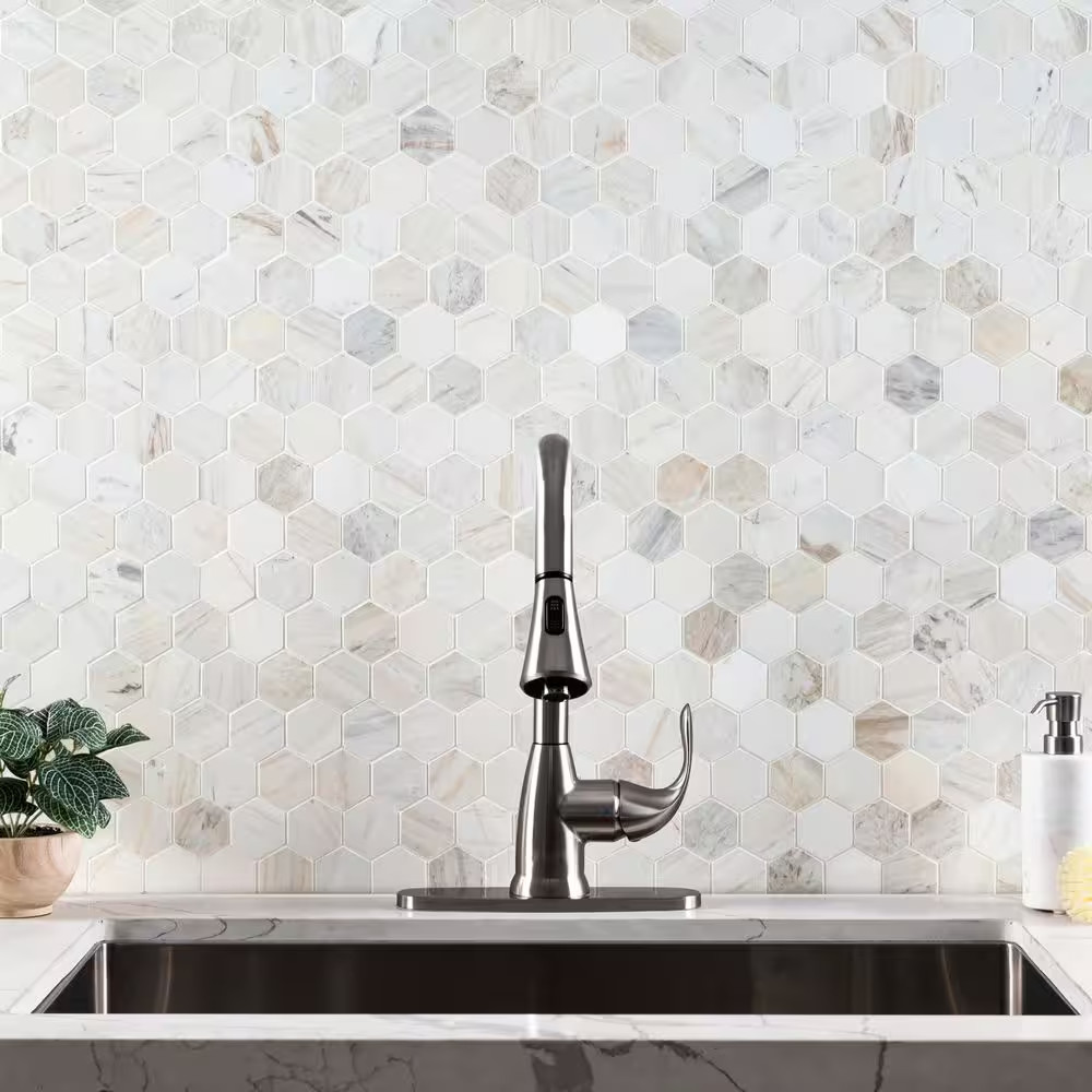 Angora 2 In. Hex 12 In. X 12 In. X 0.38 In. Polished Marble Mesh-Mounted Mosaic