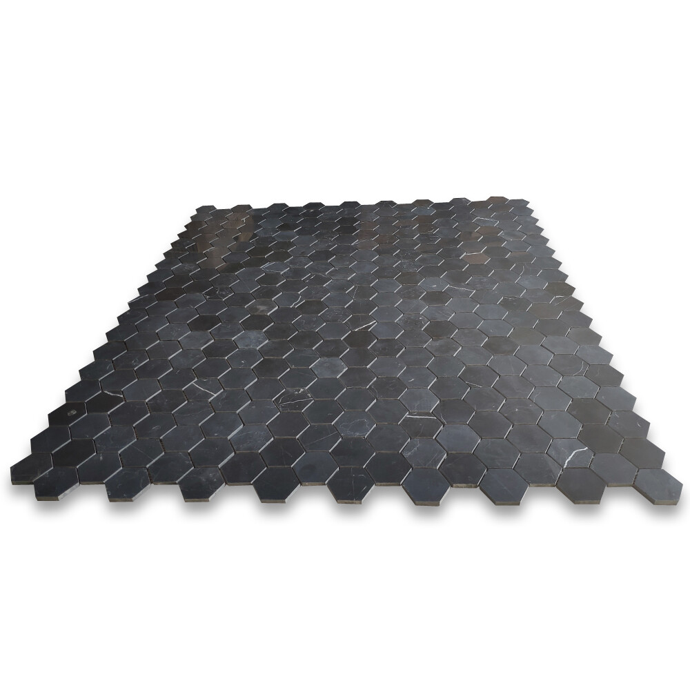 N32XH Nero Marquina Black Marble 2 inch Hexagon Mosaic Flooring Tile Honed