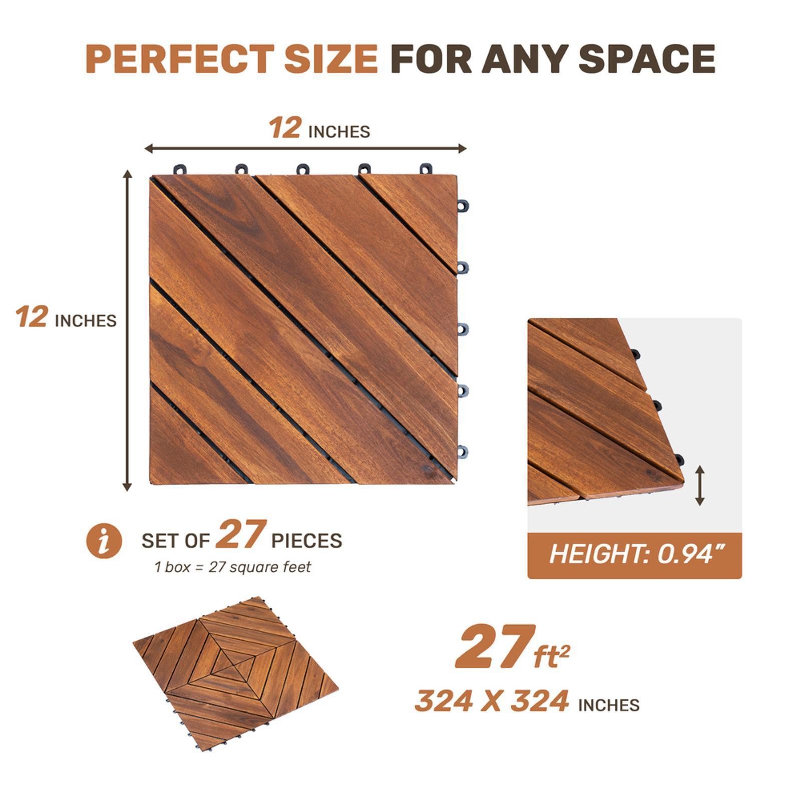 Acacia Deck Tiles Set, 27PCS 12×12, Interlocking Waterproof Flooring for Patio,