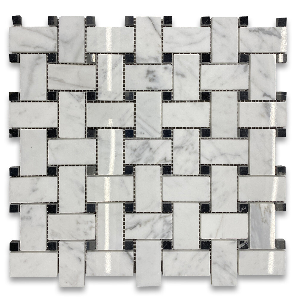 L651XP Basketweave Mosaic Statuary Statuario White Marble 1×2 Tile Polished