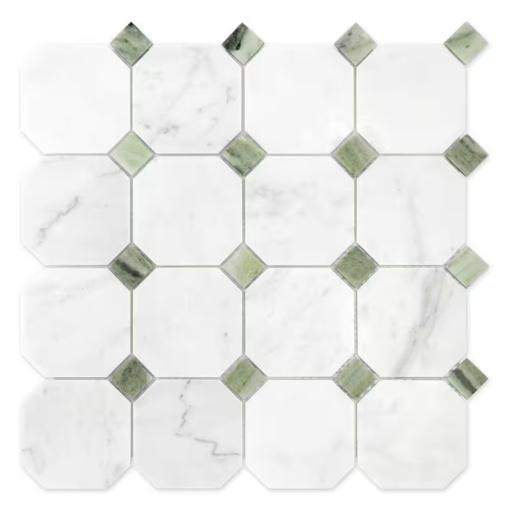 Octagon Carrara White and Green 11.5 In. X 11.5 In. Honed Natural Marble Floor a