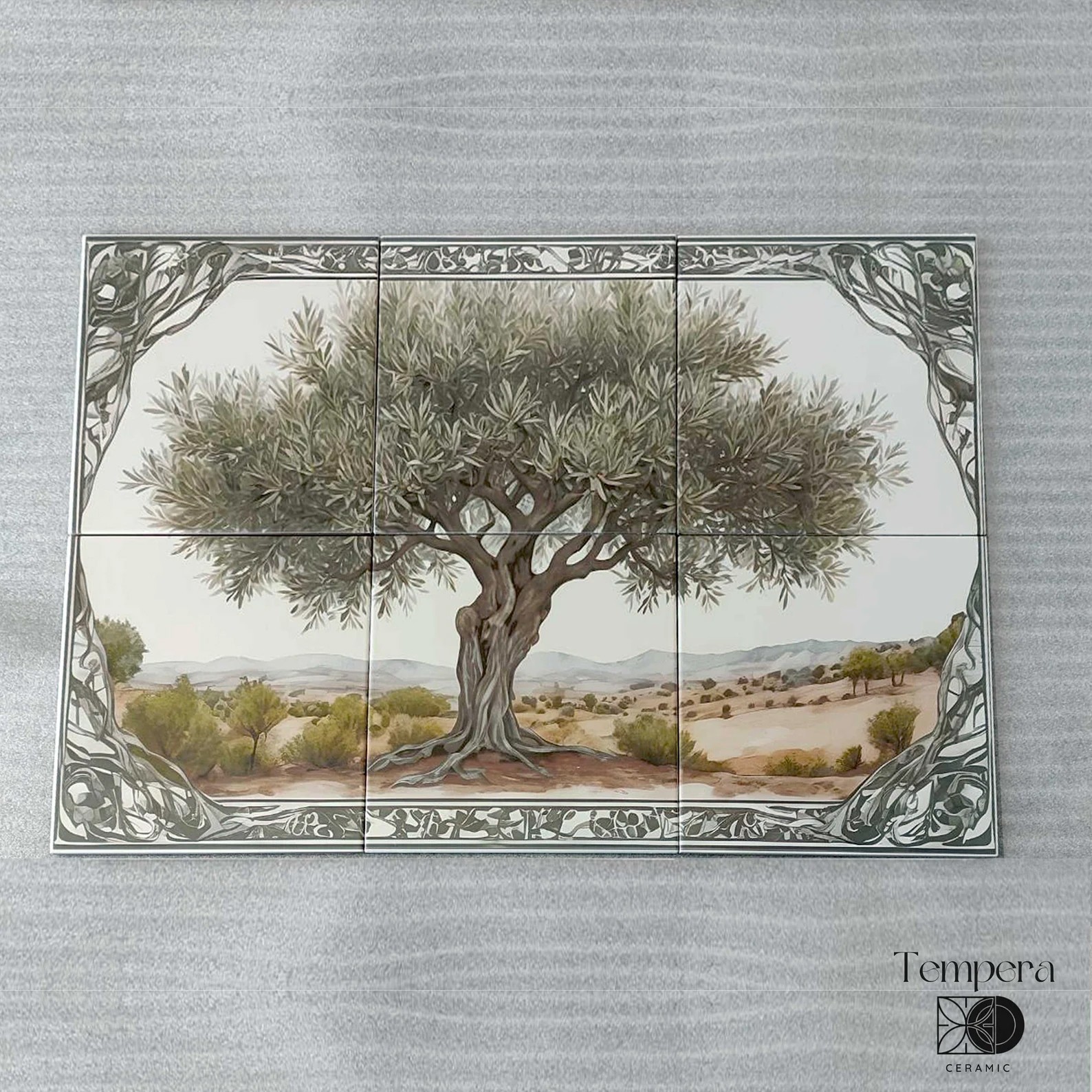Mediterranean olive tree tiles backsplash, kitchen tile tree design, stove tiles