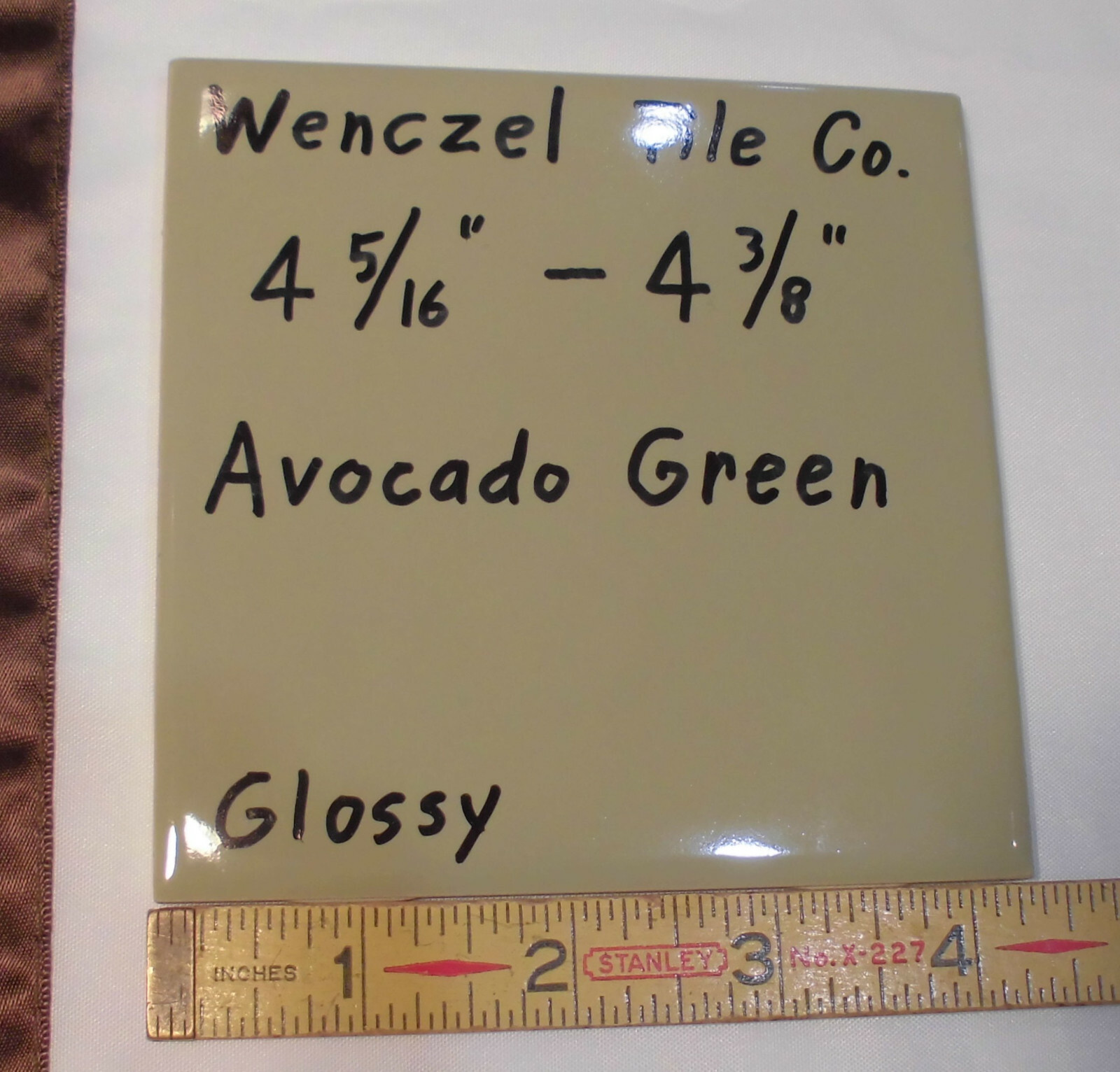 1 pc. *Avocado-Olive-Green* Glossy Ceramic Tile; Wenczel Co. 4-5/16″- 4-3/8″