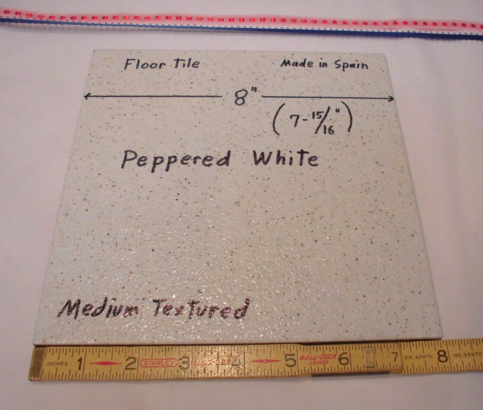 1 pc. “White – Peppered” Ceramic Floor Tile: 8″ X 8″ Textured, made in Spain