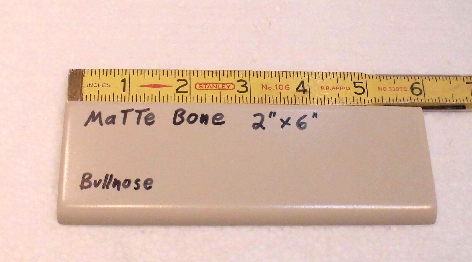 1 pc. Matte Bone – Almond: Ceramic Bullnose Tile 2” X 6” Flat-Surface Type, NEW
