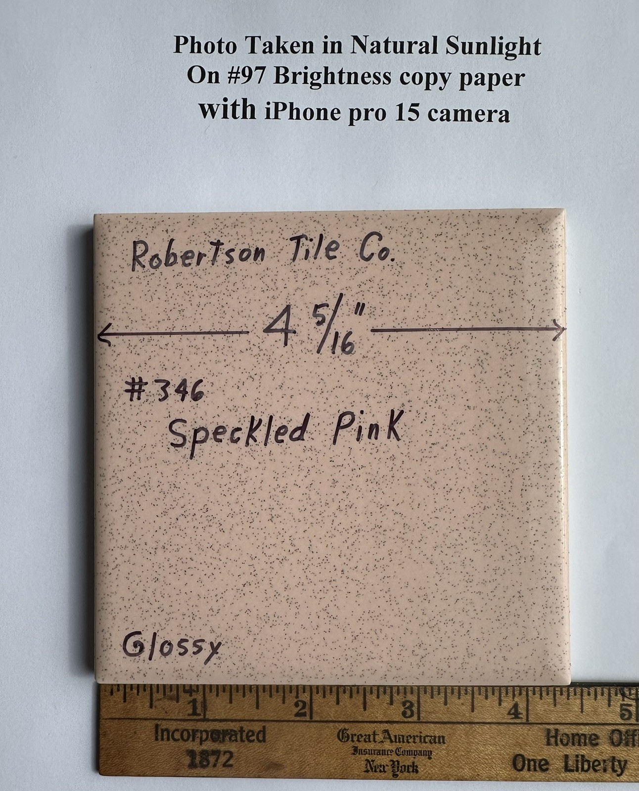 1 pc. Speckled Pink: 4-5/16″ Ceramic Tile by Robertson, pink + tiny specks, NEW