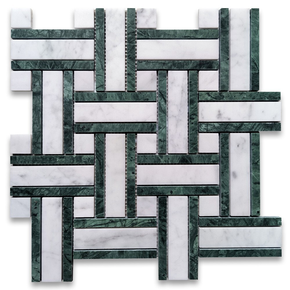 C66A2XH Carrara White Marble Twine Basketweave Mosaic Tile Indian Green Honed