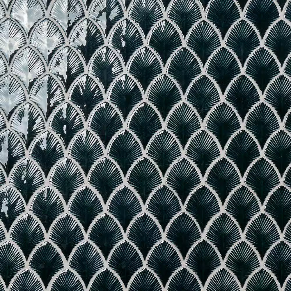 Delphi Midnight Blue 9.05 In. X 12.79 In. Polished Glass Fishscale Mosaic Wall T
