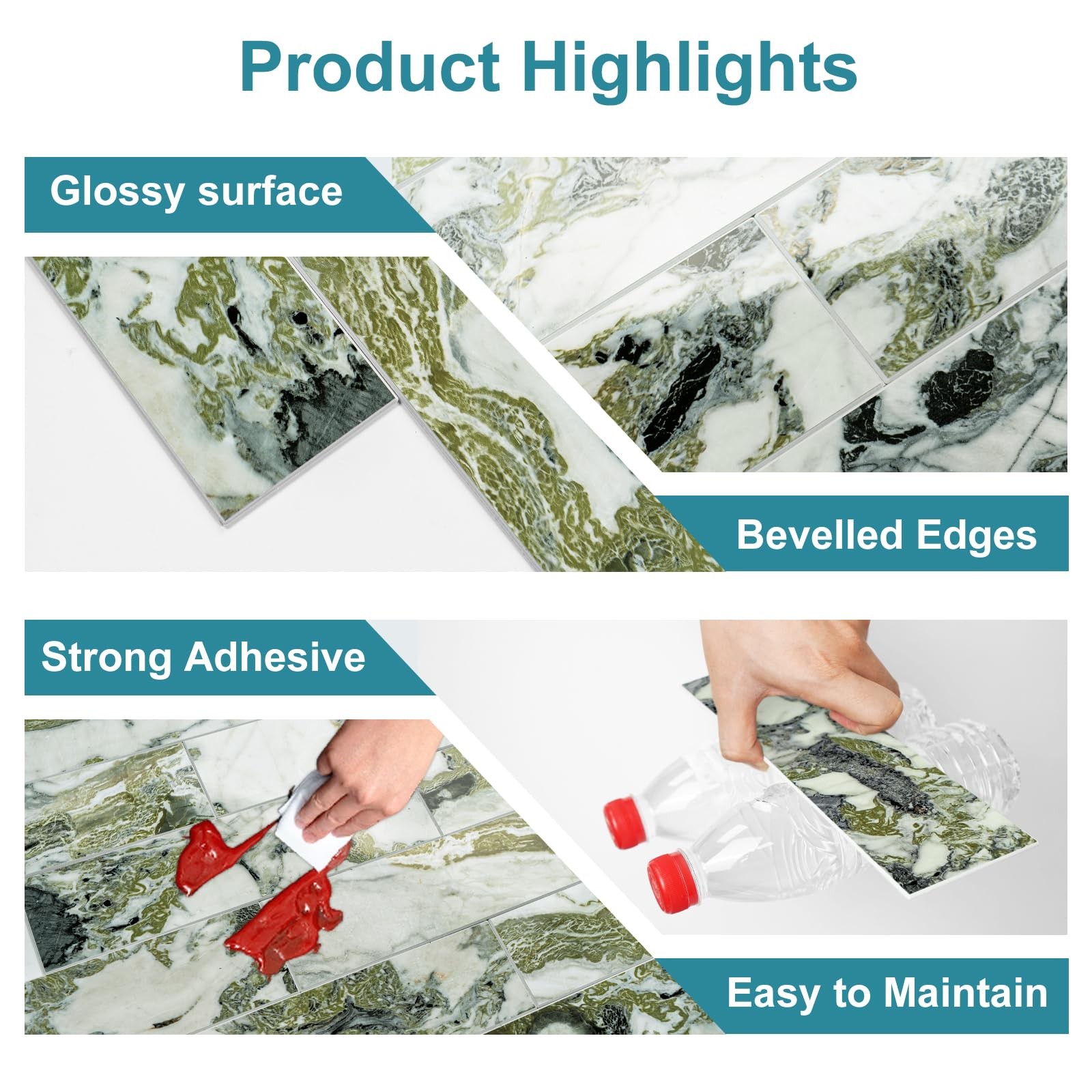 40-Piece Glossy Ice Green Marble Peel and Stick Backsplash Tiles with White G…