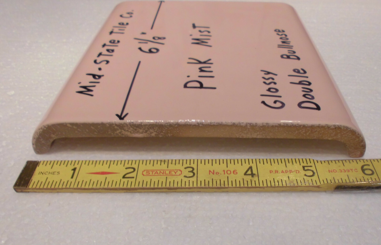 1 pc. Pink Mist 6″ x 6″ Double Radius Bullnose Glossy Ceramic Tile: Mudd Caps