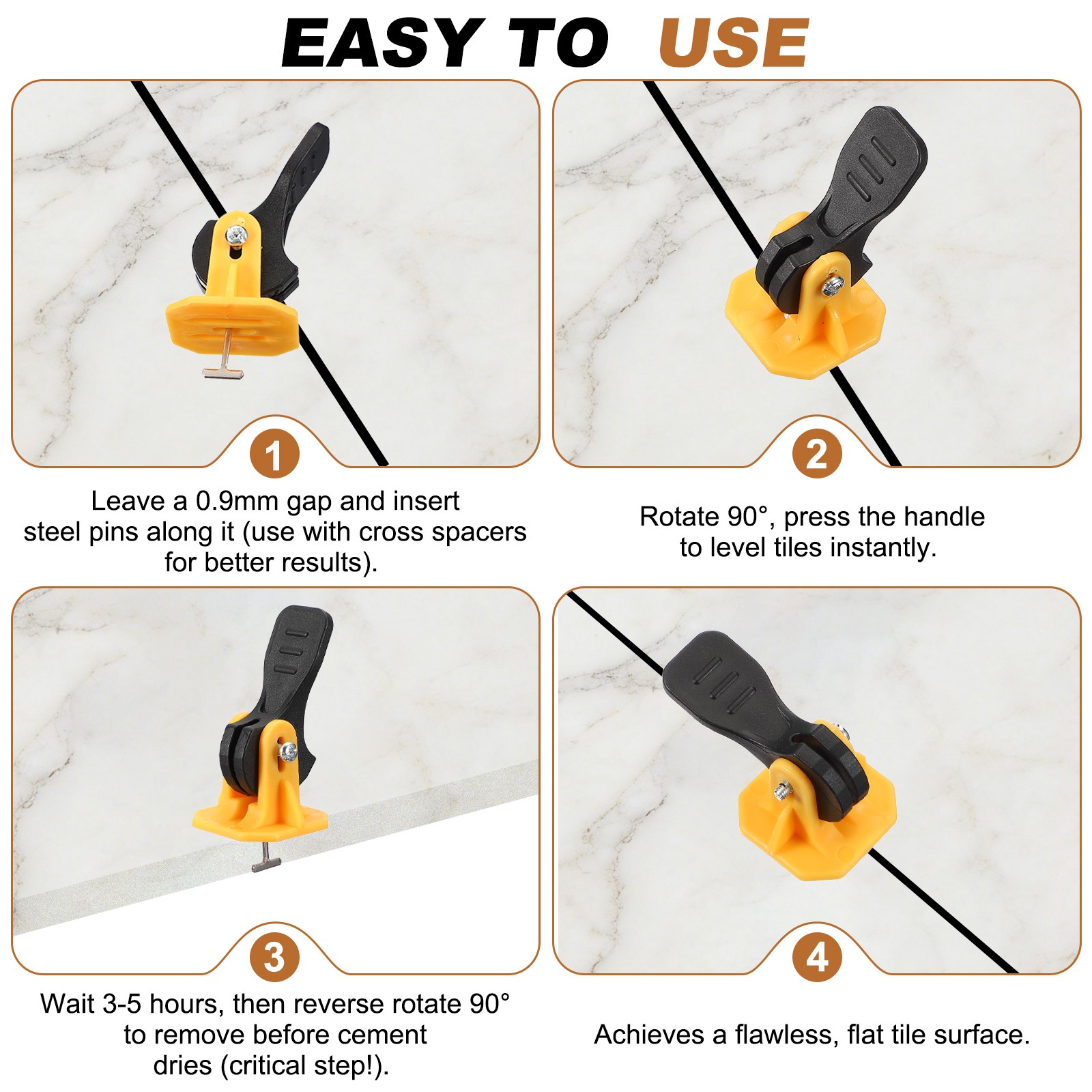 Tile Leveling Kit Tile Leveling System Fit 0.9 mm for Wall & Floor Yellow 50 Pcs
