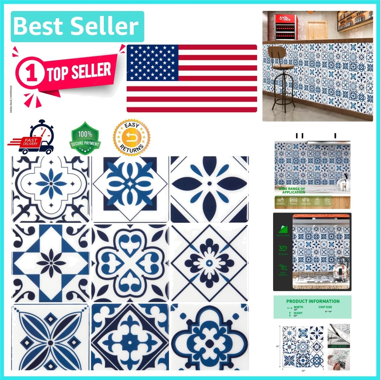 Admiral Blue Geometric Peel and Stick Backsplash Tiles – 10 Sheets for Kitchen