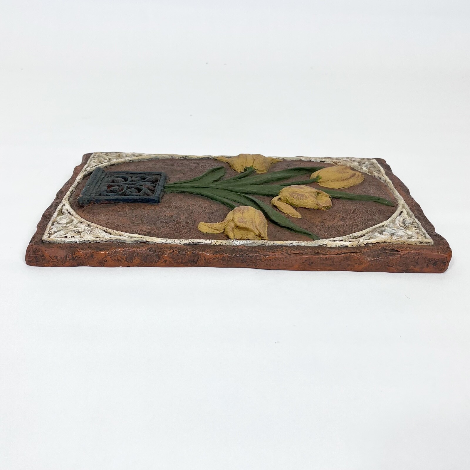 Vintage Hermitage 3-D Wall Tile Hand Painted Yellow Tulips With Border Heavy
